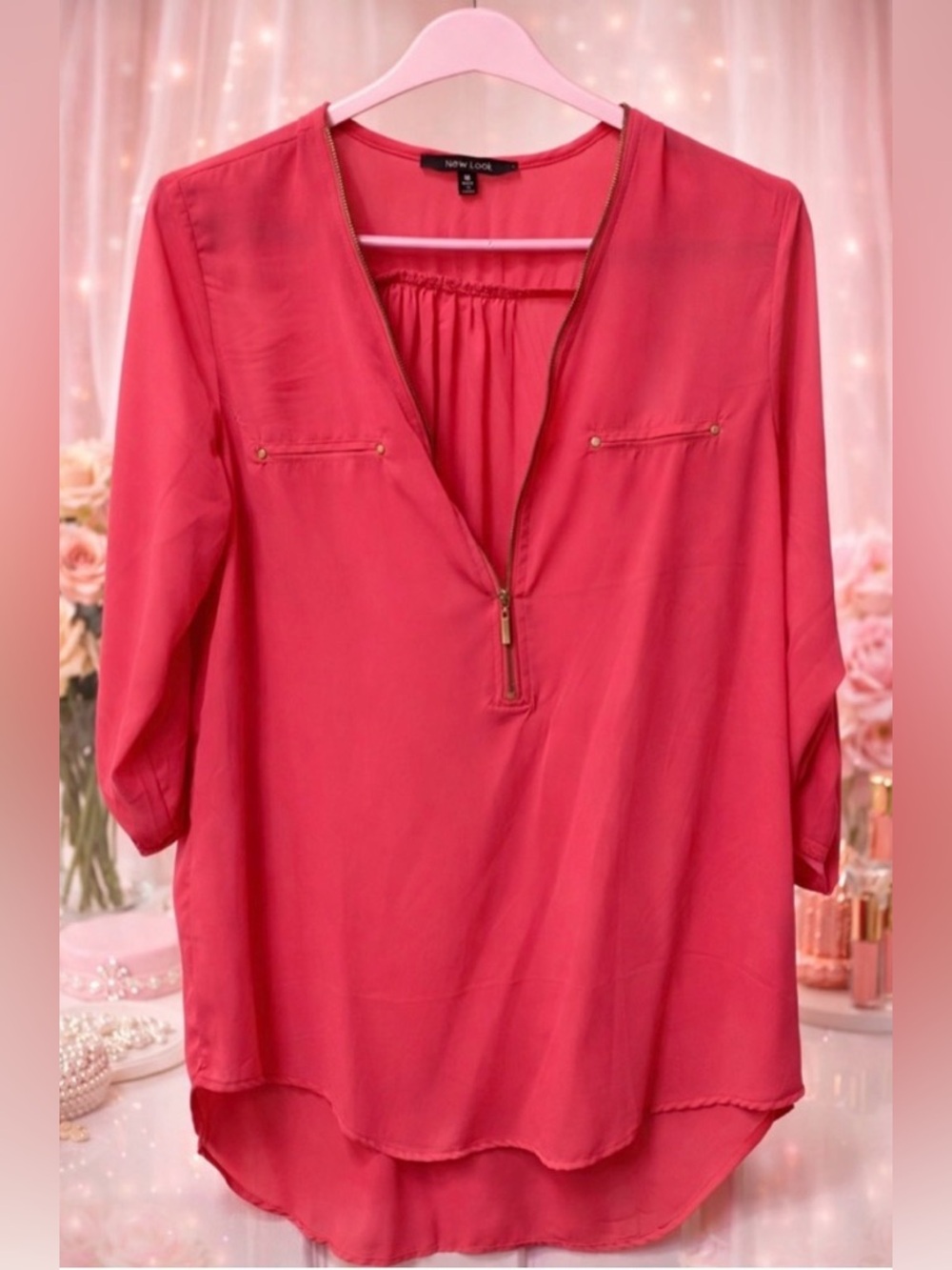 New Look Rose-Pink Zip Front V-Neck Blouse- Never Worn